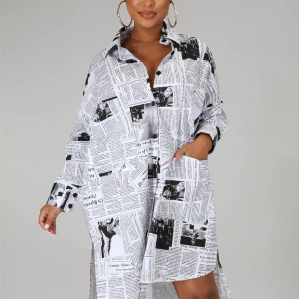 Silky lightweight newsprint shirt dress tunic L NWOT